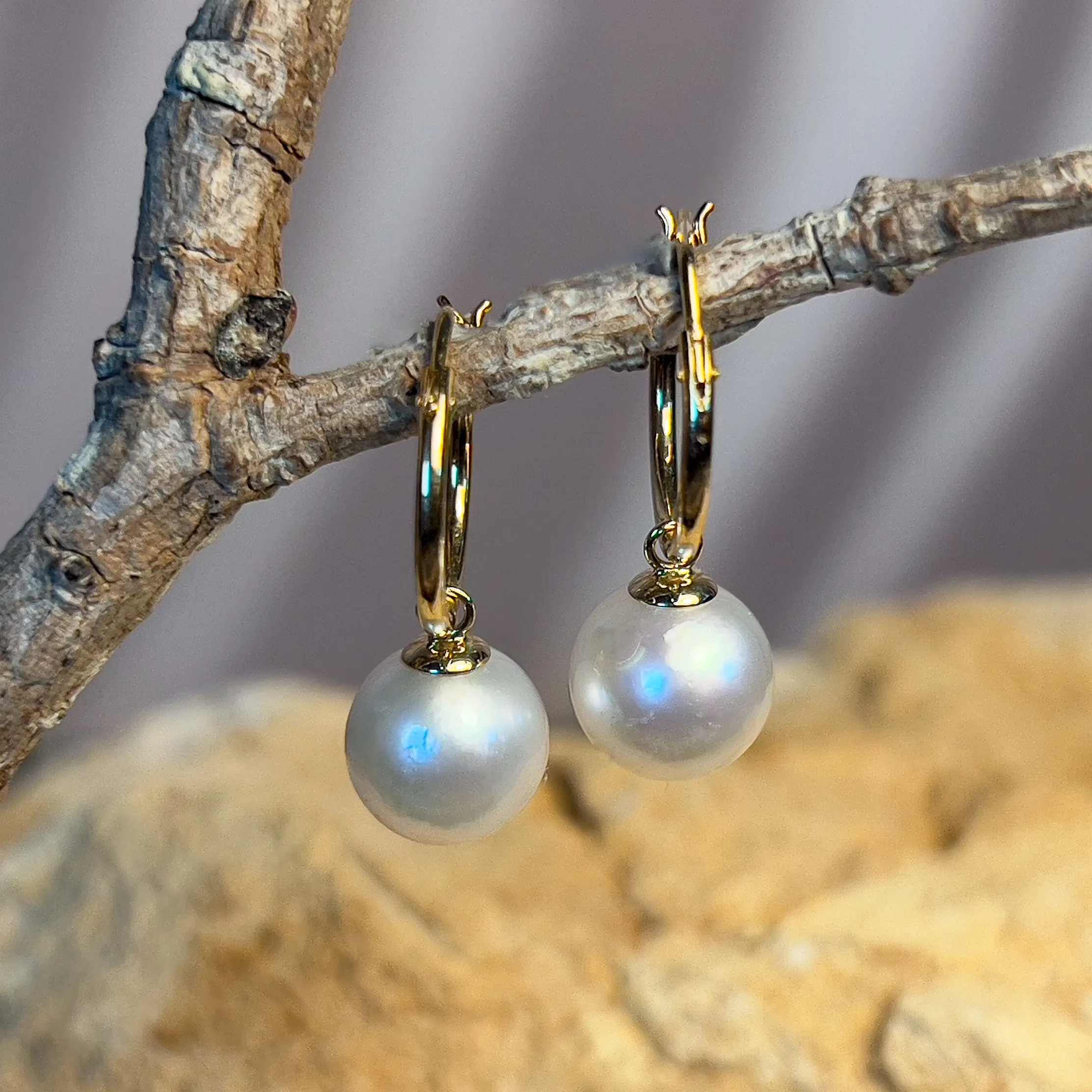 18kt Yellow Gold huggie earrings 9-9.5mm South Sea Pearls