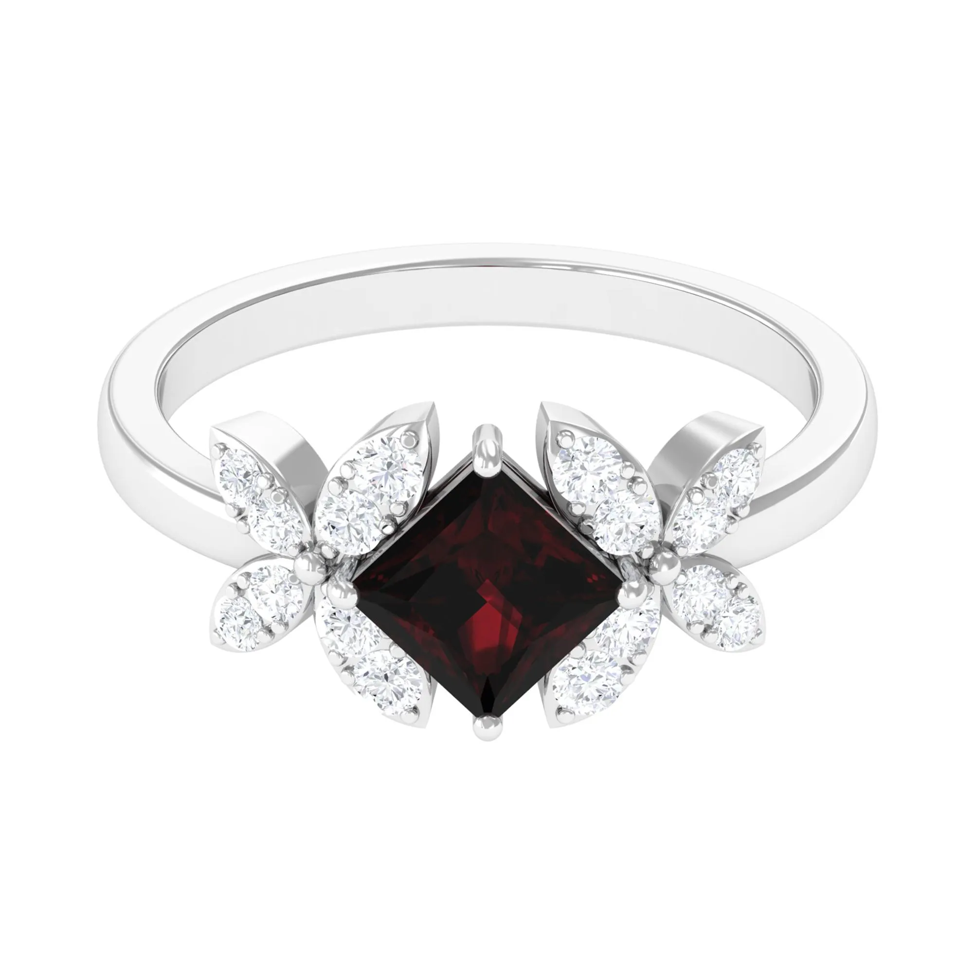 2 CT Princess Cut Garnet Flower Engagement Ring with Diamond
