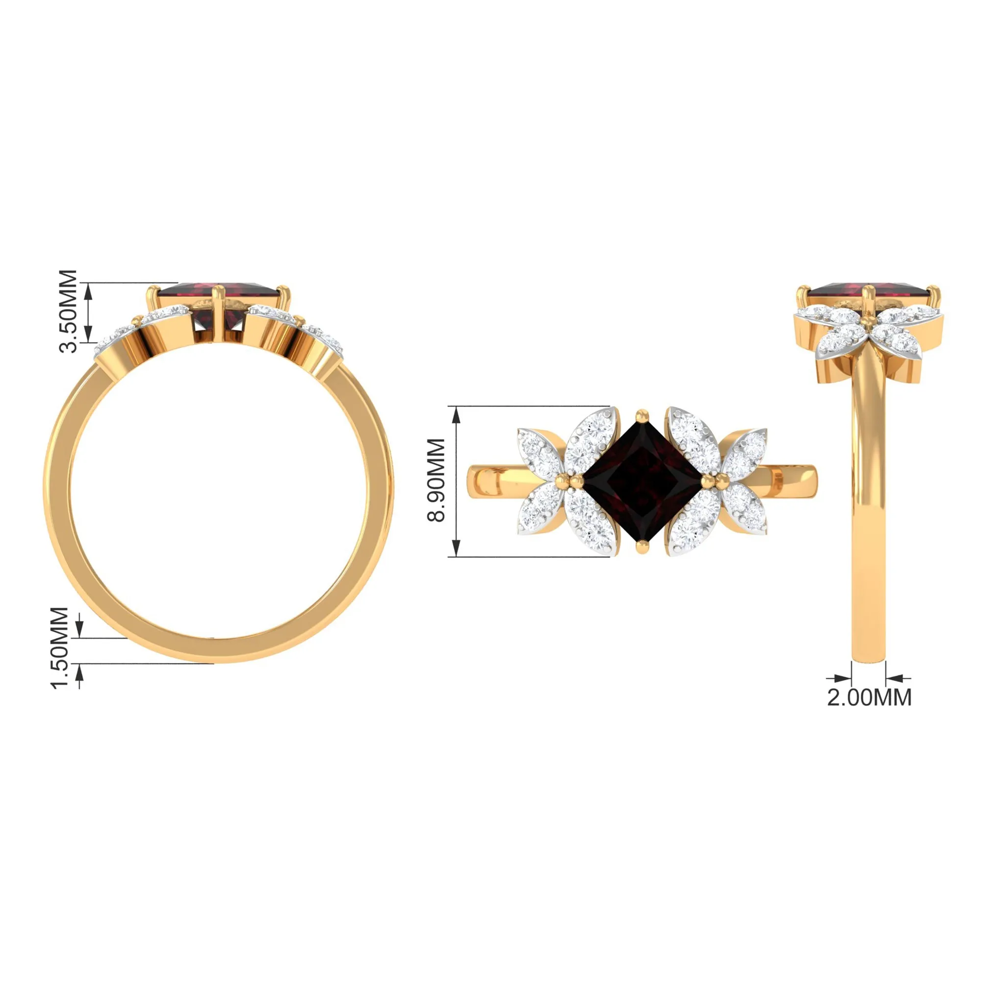 2 CT Princess Cut Garnet Flower Engagement Ring with Diamond