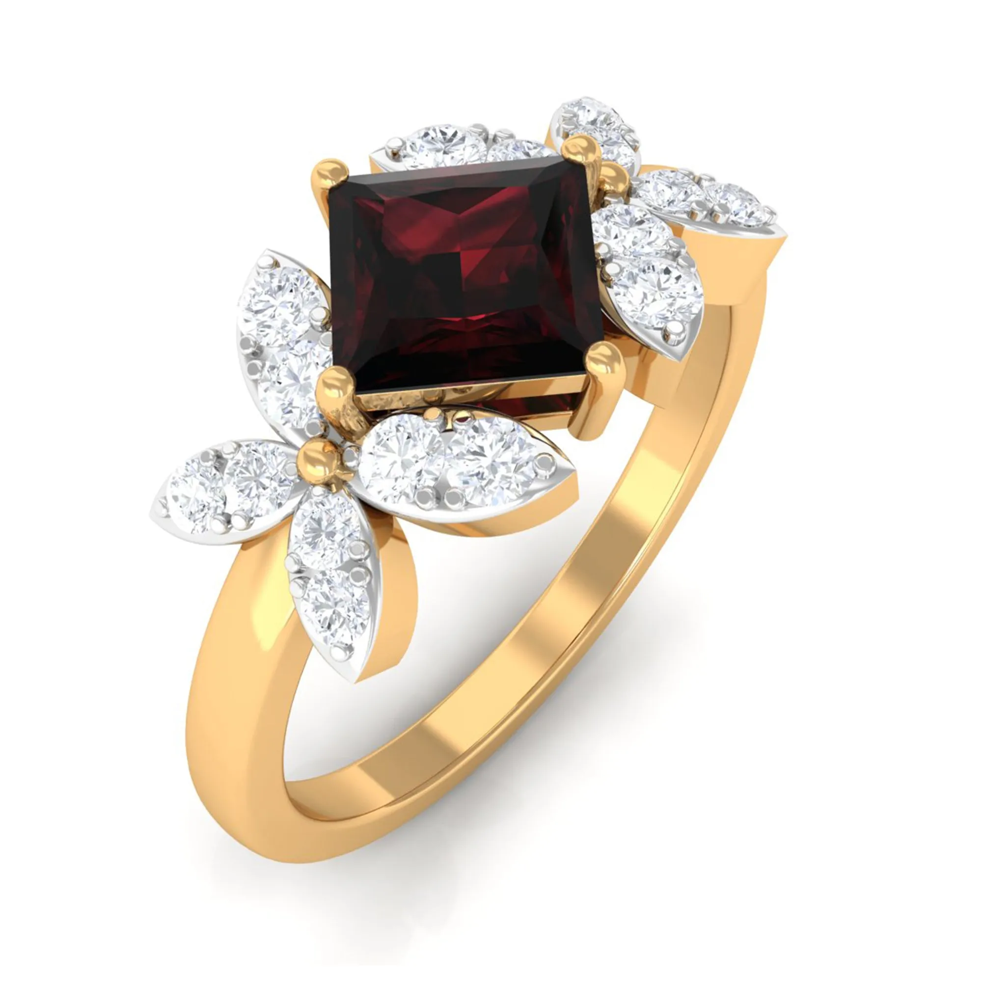 2 CT Princess Cut Garnet Flower Engagement Ring with Diamond