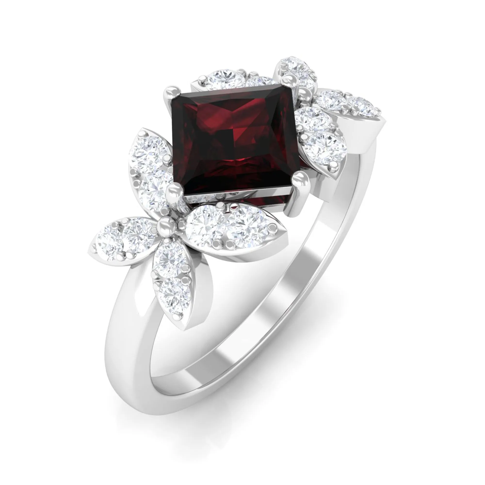 2 CT Princess Cut Garnet Flower Engagement Ring with Diamond