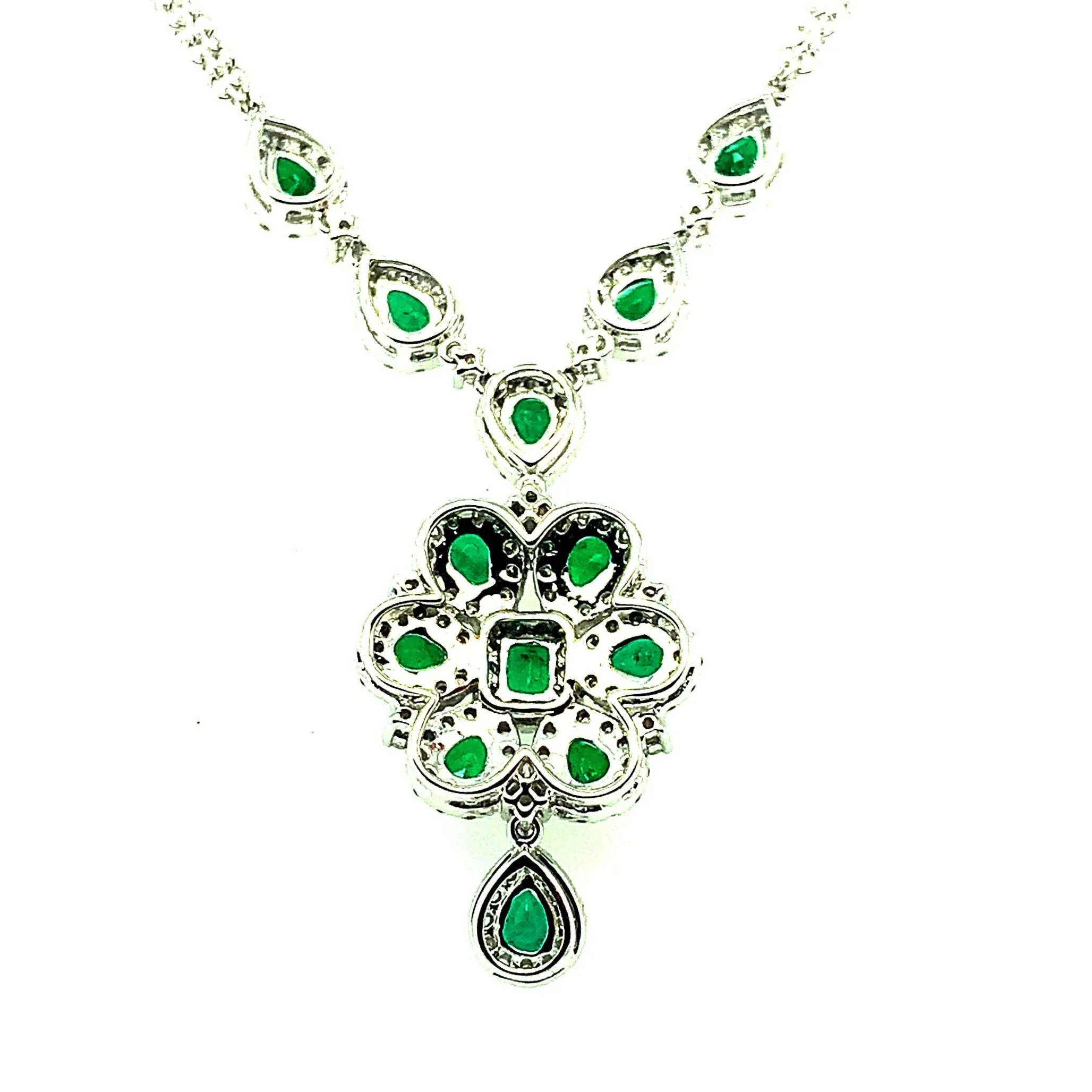 2.31 Carat Total Emerald Pear Diamond White Gold Drop Pendant Chain Necklace