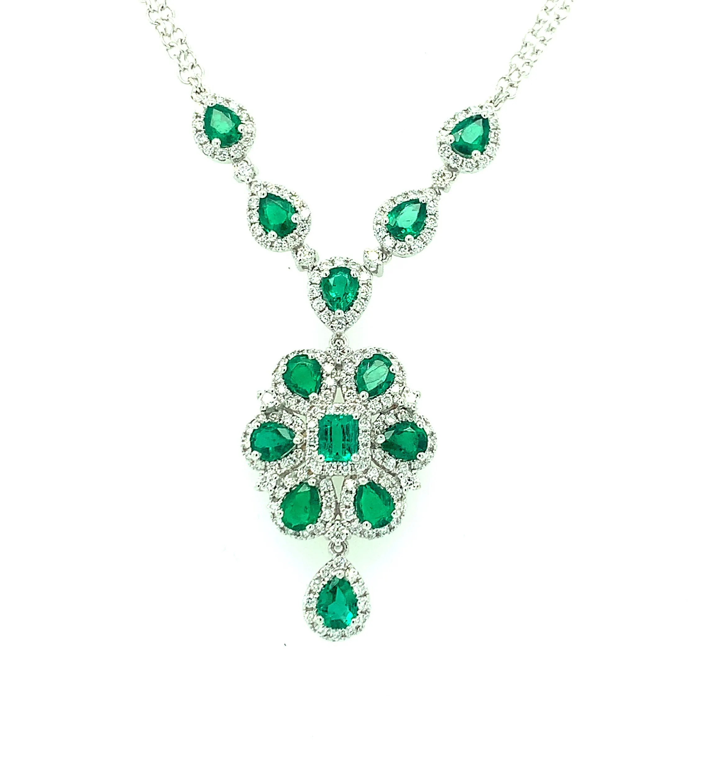 2.31 Carat Total Emerald Pear Diamond White Gold Drop Pendant Chain Necklace