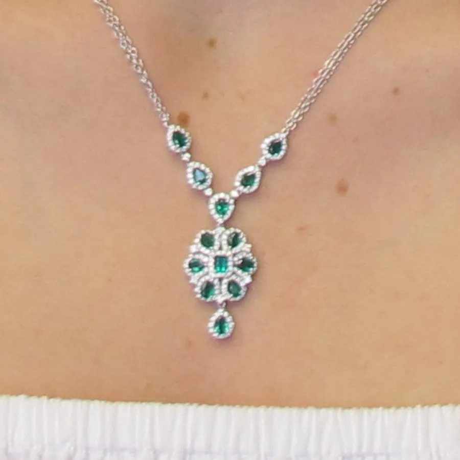 2.31 Carat Total Emerald Pear Diamond White Gold Drop Pendant Chain Necklace