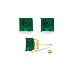 3.70-4.36 Cts of 8 mm AAA Princess Russian Lab Created Emerald Stud Earrings in 14K Yellow Gold
