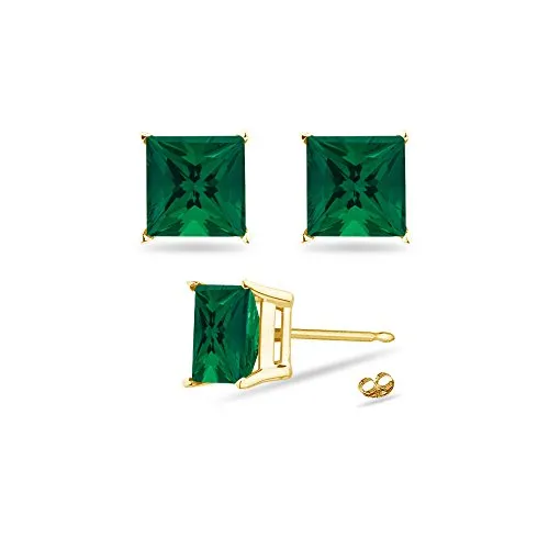 3.70-4.36 Cts of 8 mm AAA Princess Russian Lab Created Emerald Stud Earrings in 14K Yellow Gold