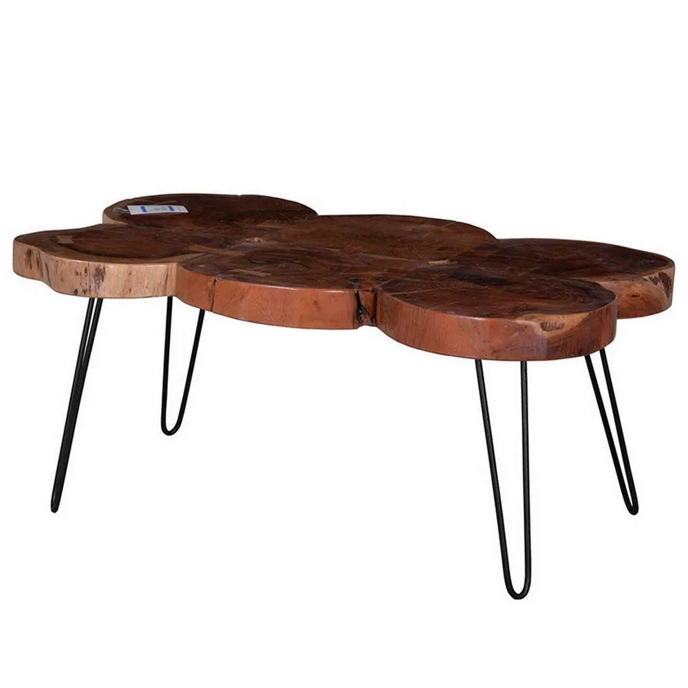 39 Inch Coffee Table, Acacia Wood Top, Angled Metal Support Legs, Brown  By Casagear Home