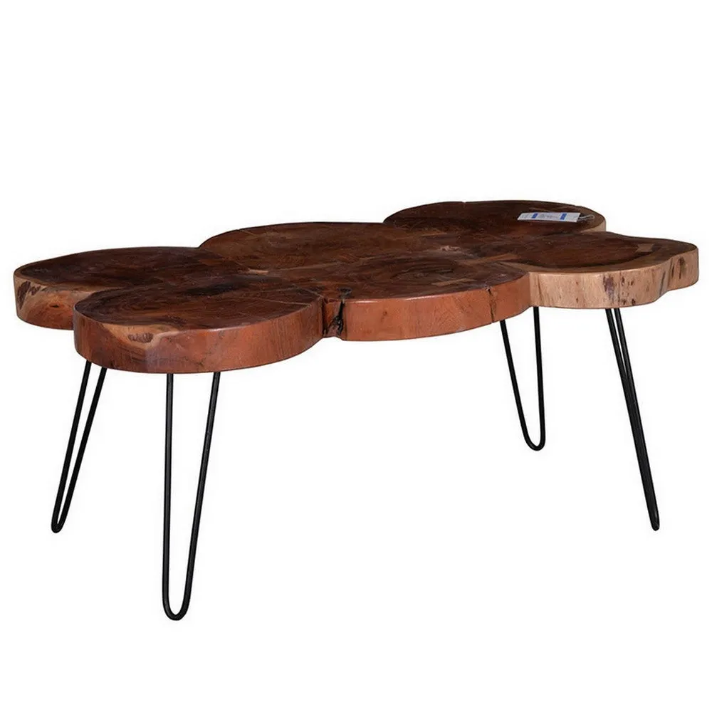 39 Inch Coffee Table, Acacia Wood Top, Angled Metal Support Legs, Brown  By Casagear Home