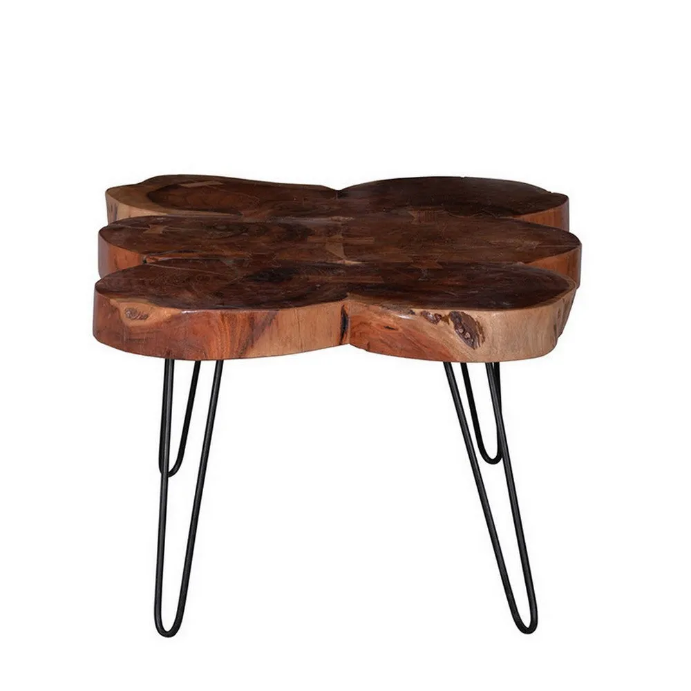 39 Inch Coffee Table, Acacia Wood Top, Angled Metal Support Legs, Brown  By Casagear Home