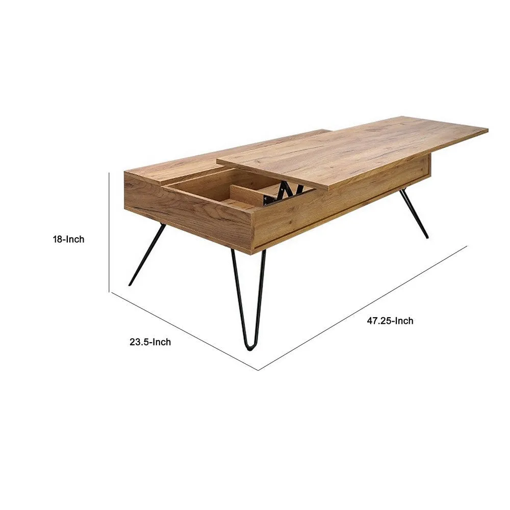 47 Inch Lift Top Coffee Table, Natural Brown Wood, 2 Storage Compartments By Casagear Home