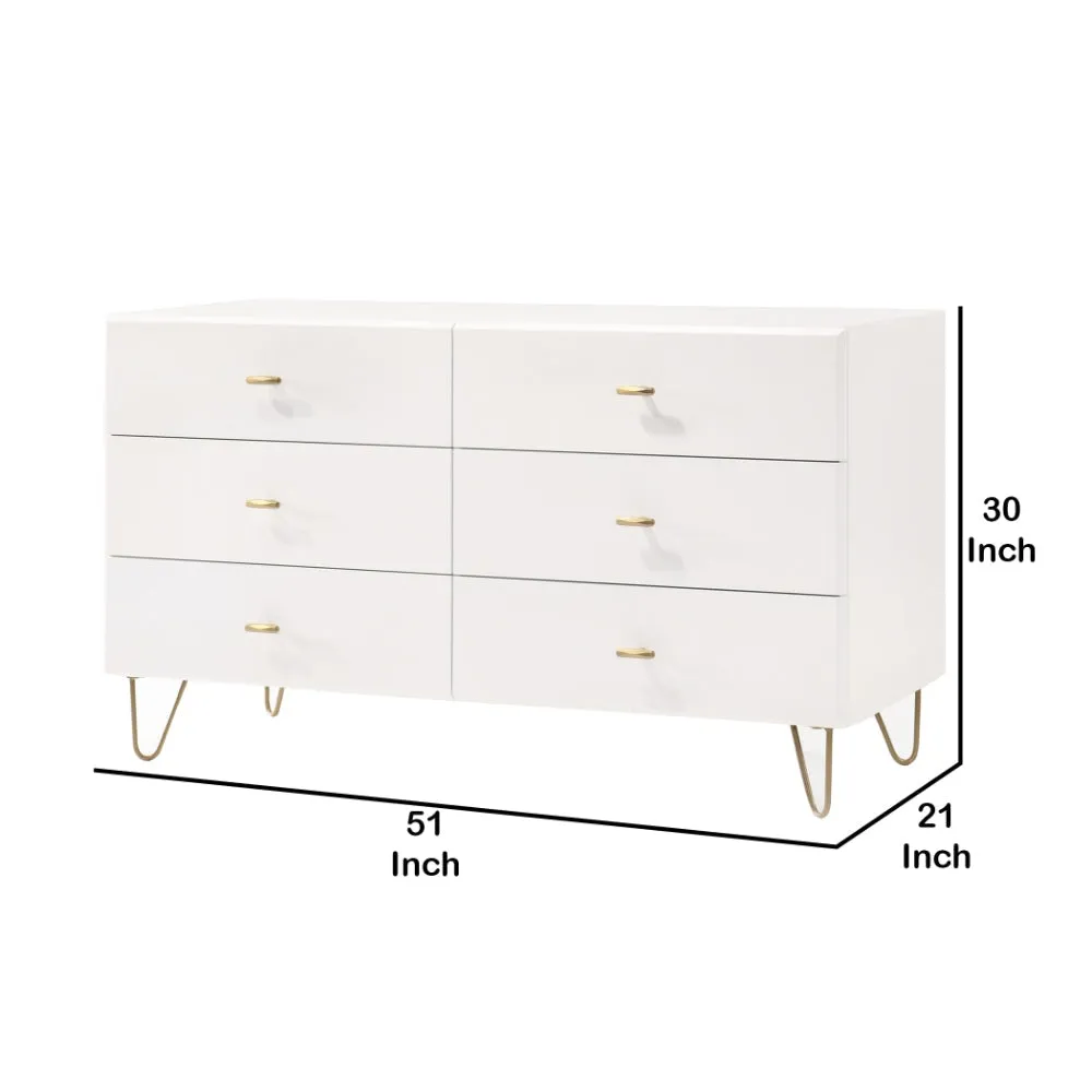51" 6-Drawer Double Dresser with Hairpin Legs, White By Casagear Home