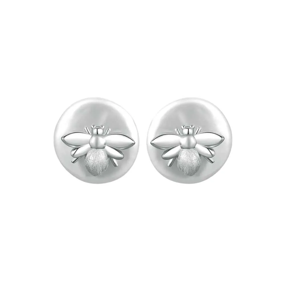 925 Silver Round Pearl Three-dimensional Bee Stud Earrings
