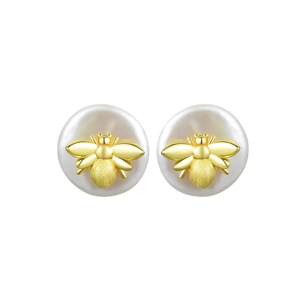 925 Silver Round Pearl Three-dimensional Bee Stud Earrings