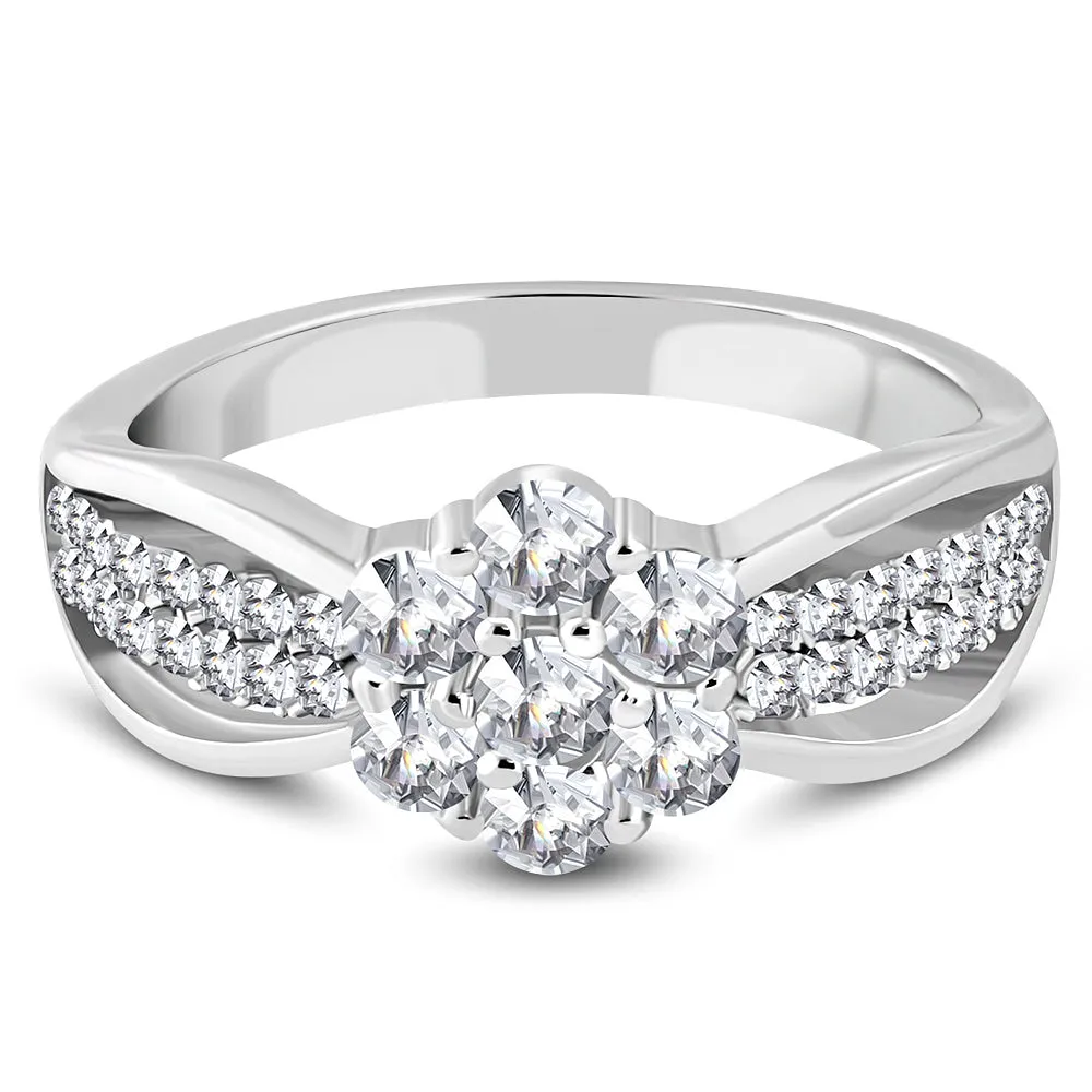 925 Sterling Silver White Clear CZ Flower Floral Engagement Ring Band