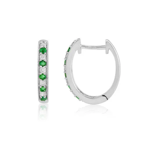 9ct White Gold Emerald & Diamond Hoop Earrings