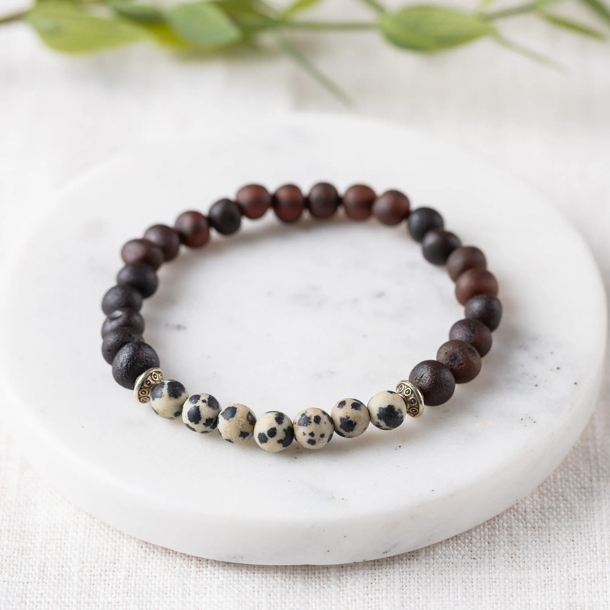 Adults | Dalmatian Jasper   Raw Cherry Amber Bracelet