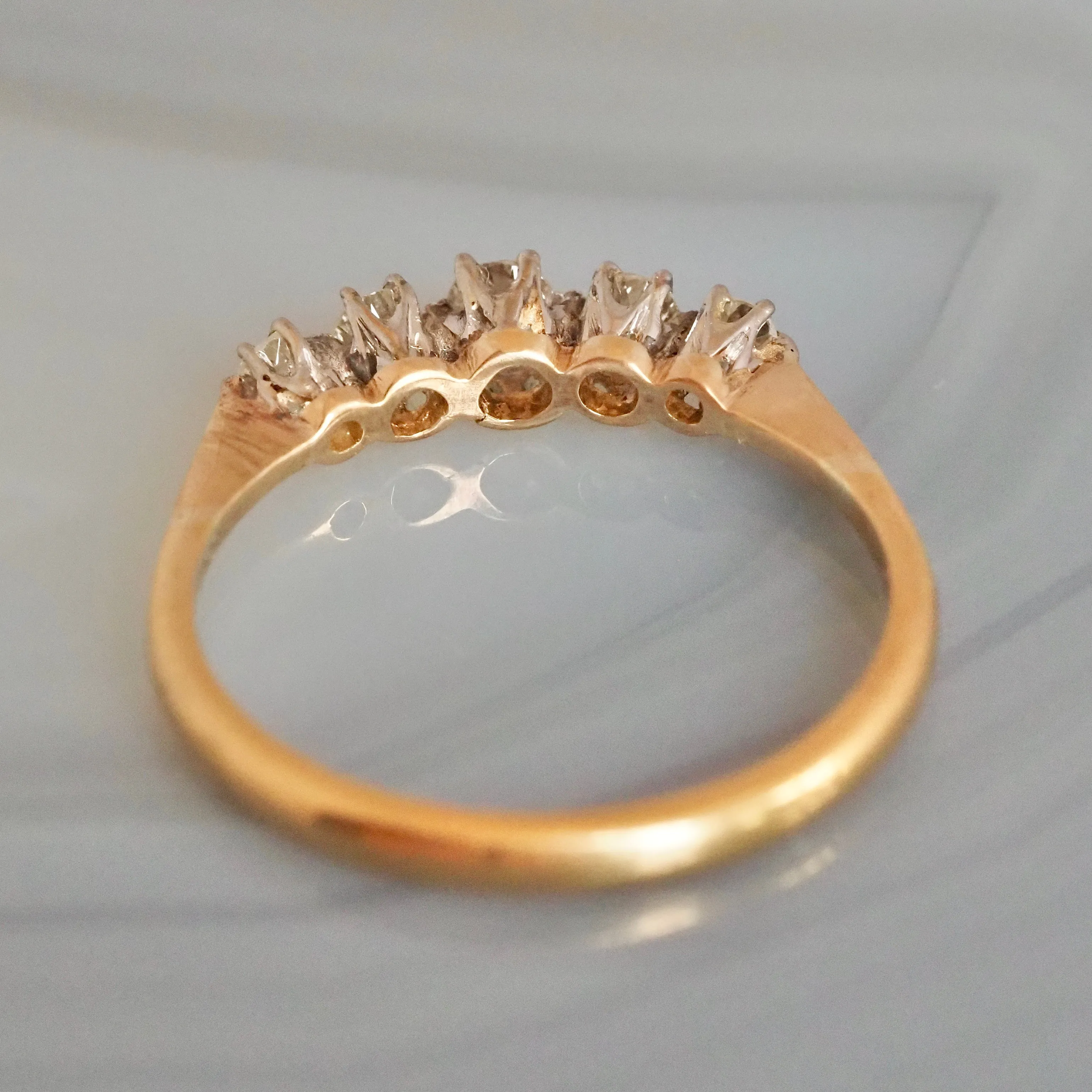 Antique English 18k Gold and Platinum Five Stone Old Mine Cut Diamond Ring