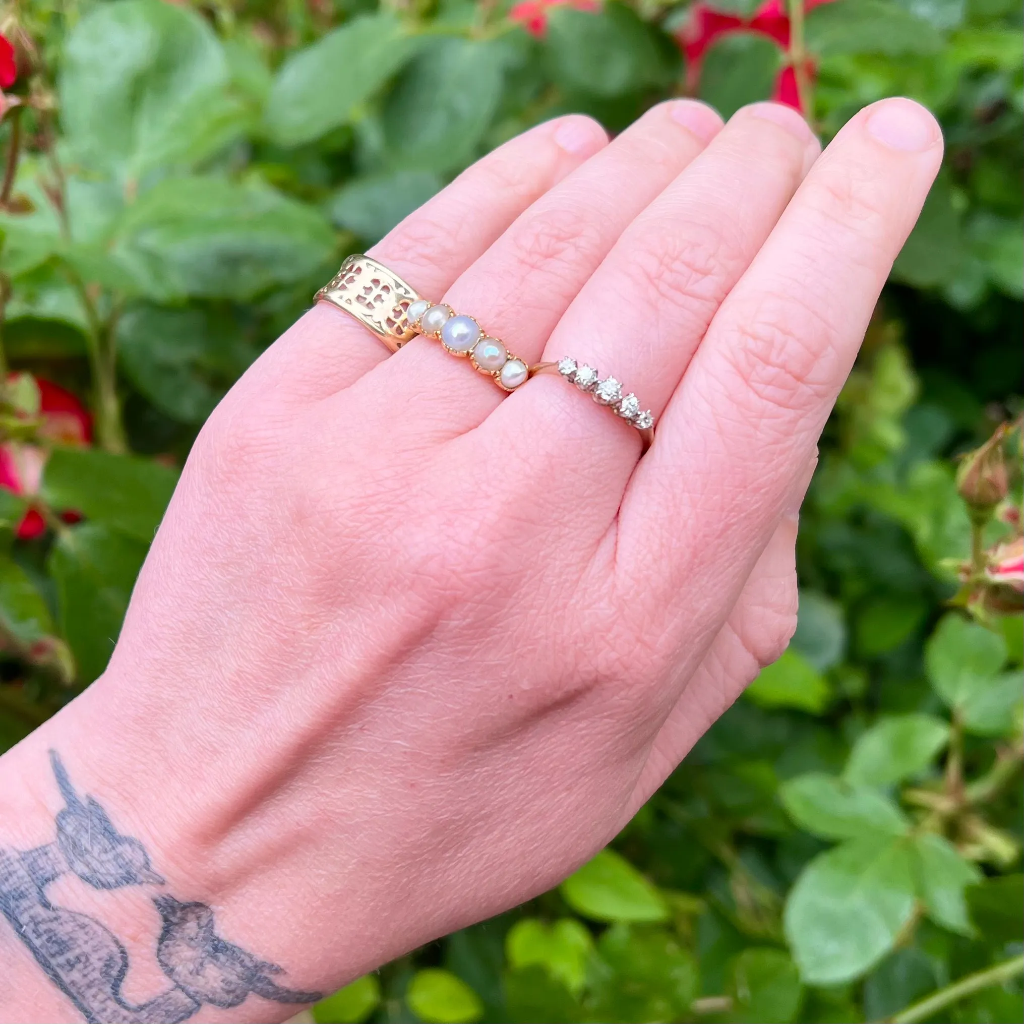 Antique English 18k Gold and Platinum Five Stone Old Mine Cut Diamond Ring