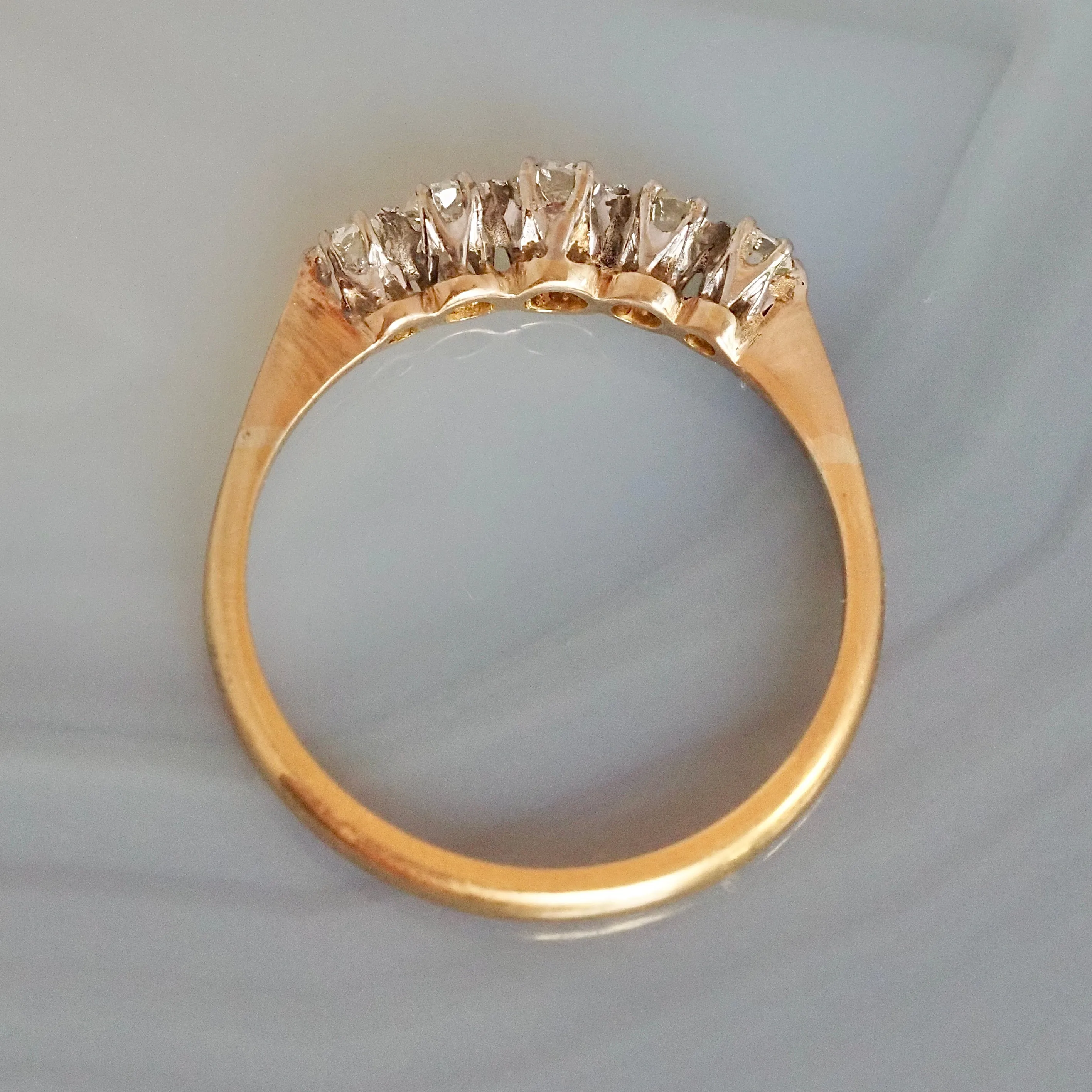 Antique English 18k Gold and Platinum Five Stone Old Mine Cut Diamond Ring