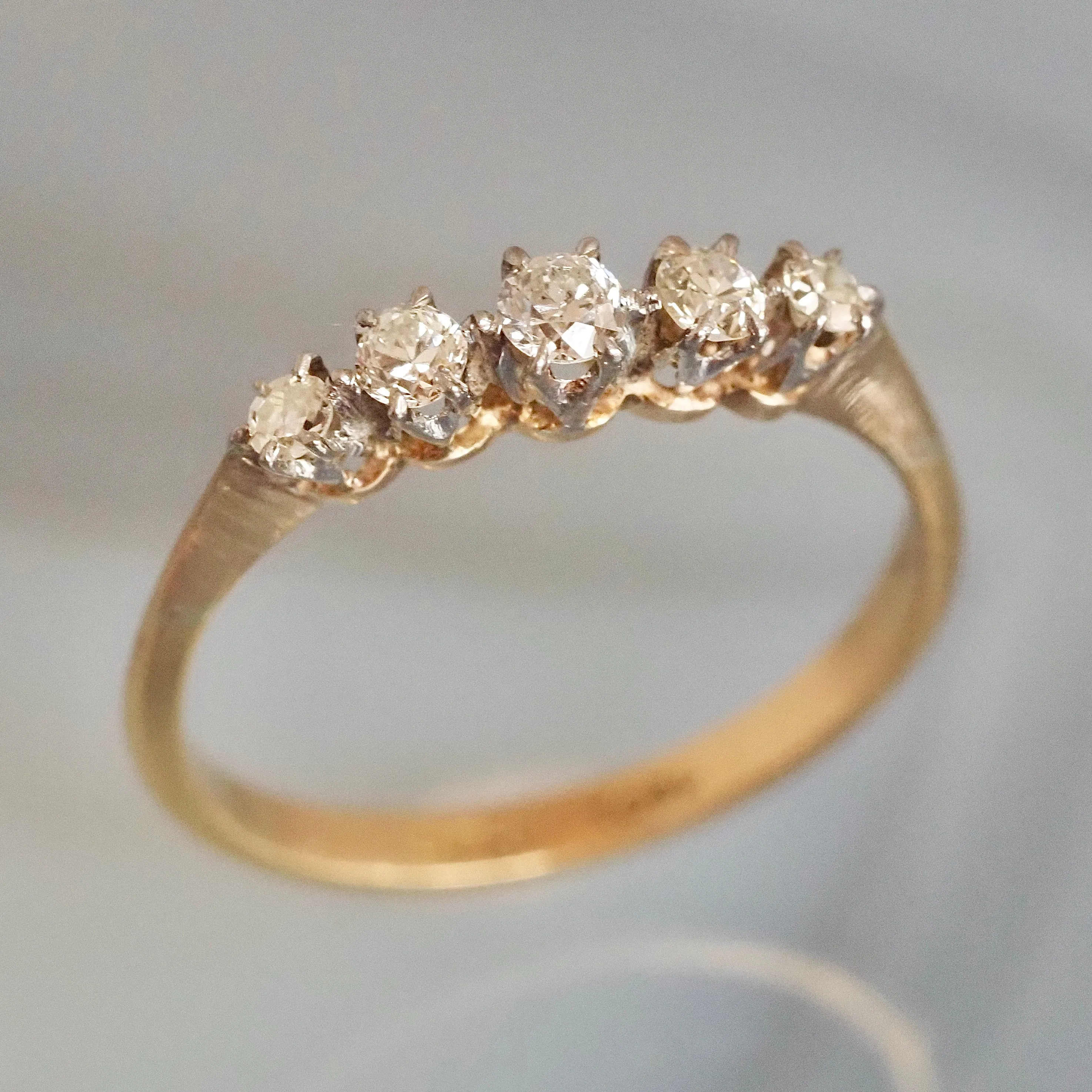 Antique English 18k Gold and Platinum Five Stone Old Mine Cut Diamond Ring