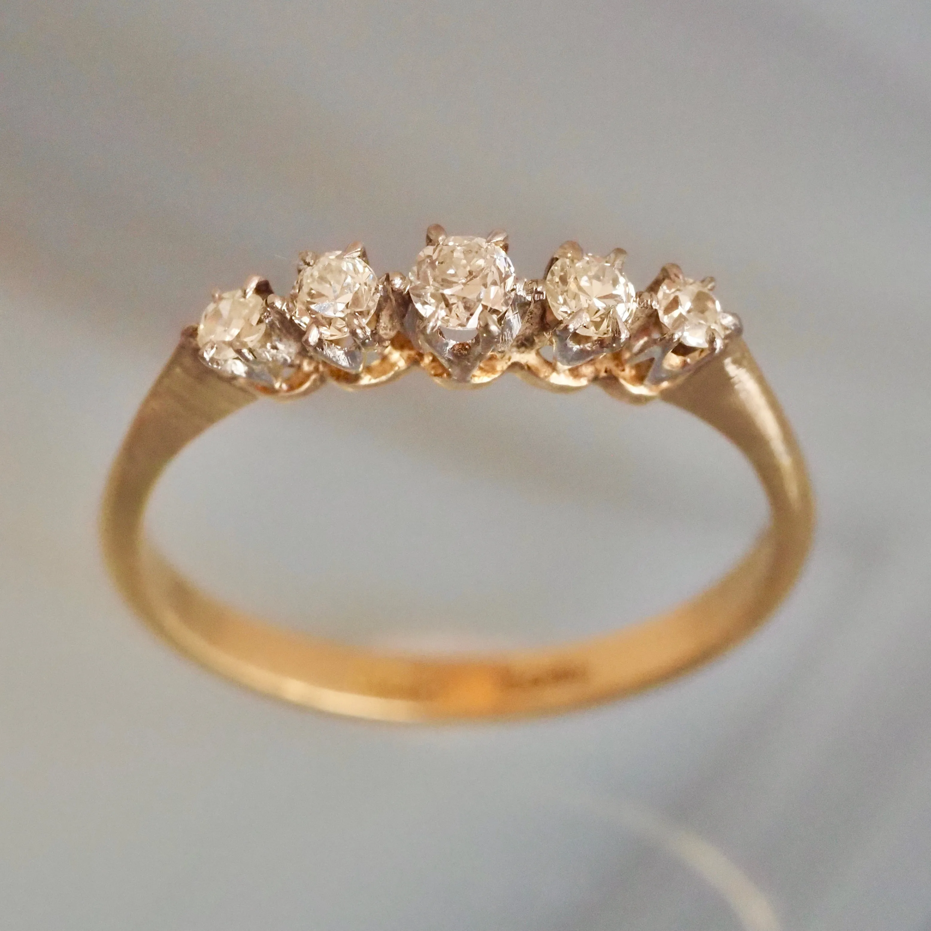 Antique English 18k Gold and Platinum Five Stone Old Mine Cut Diamond Ring