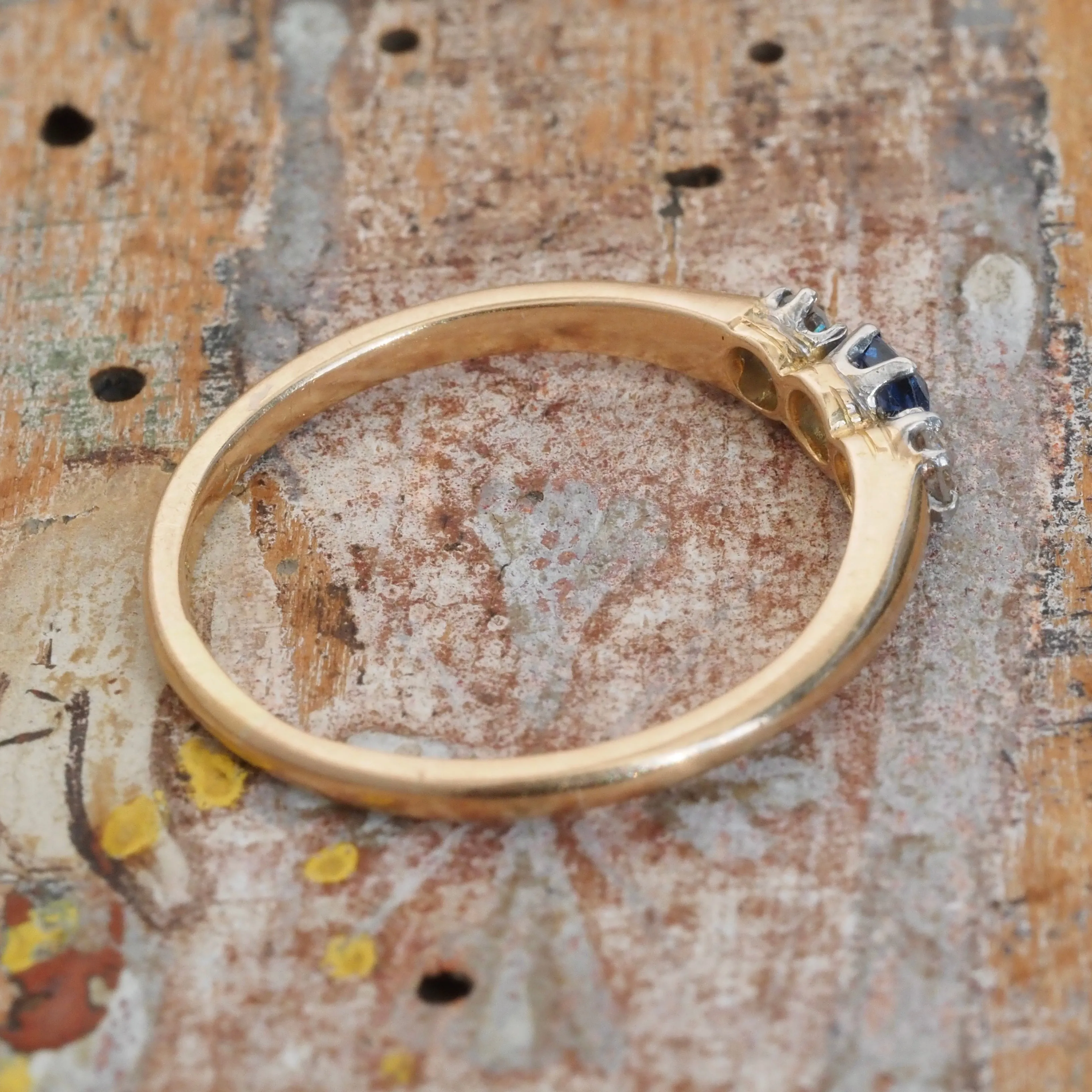 Antique English 18k Gold Natural Sapphire and Diamond Trilogy Ring