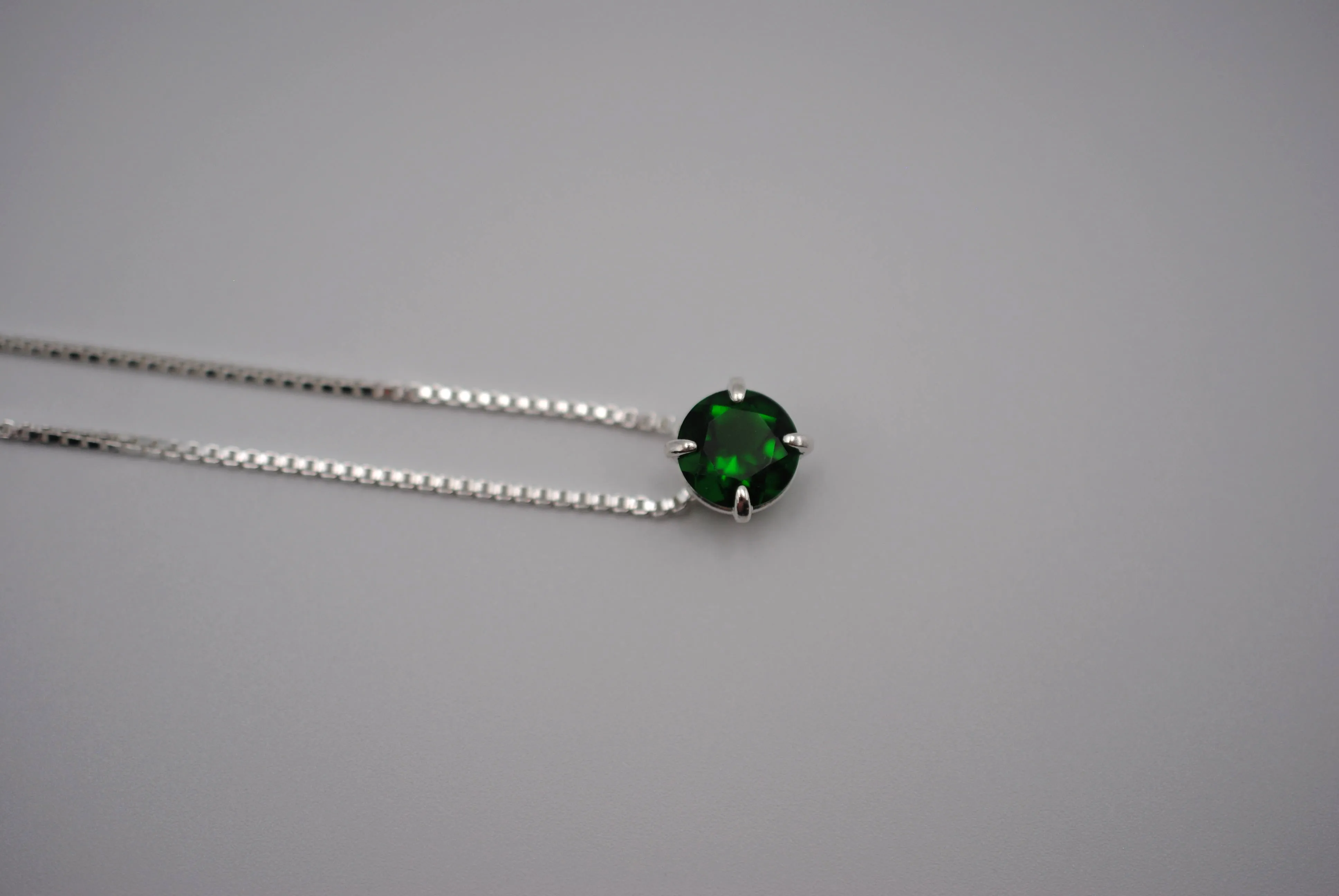 Birthstone Necklace: Round Emerald, Silver Prong Setting, Adjustable Chain