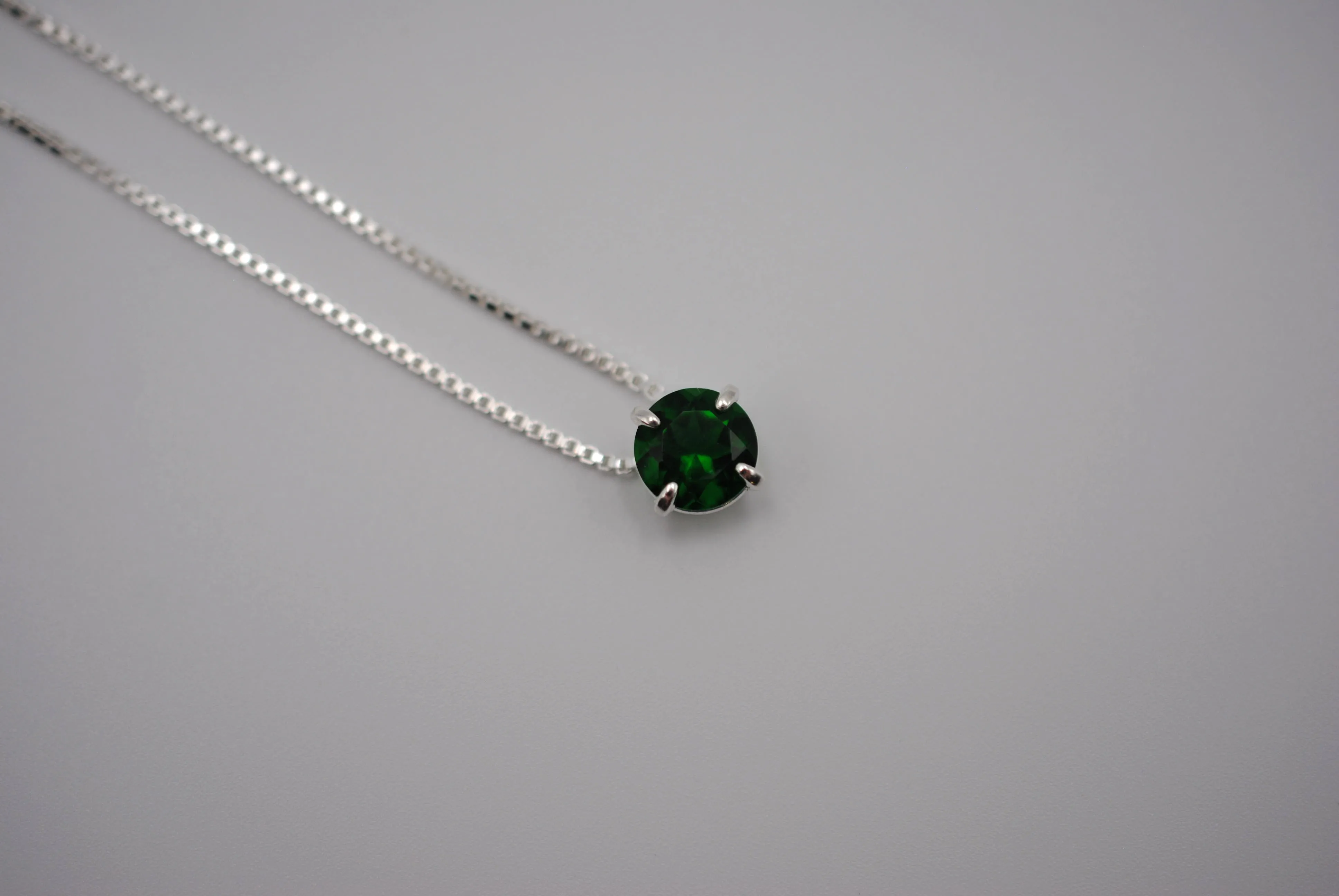 Birthstone Necklace: Round Emerald, Silver Prong Setting, Adjustable Chain