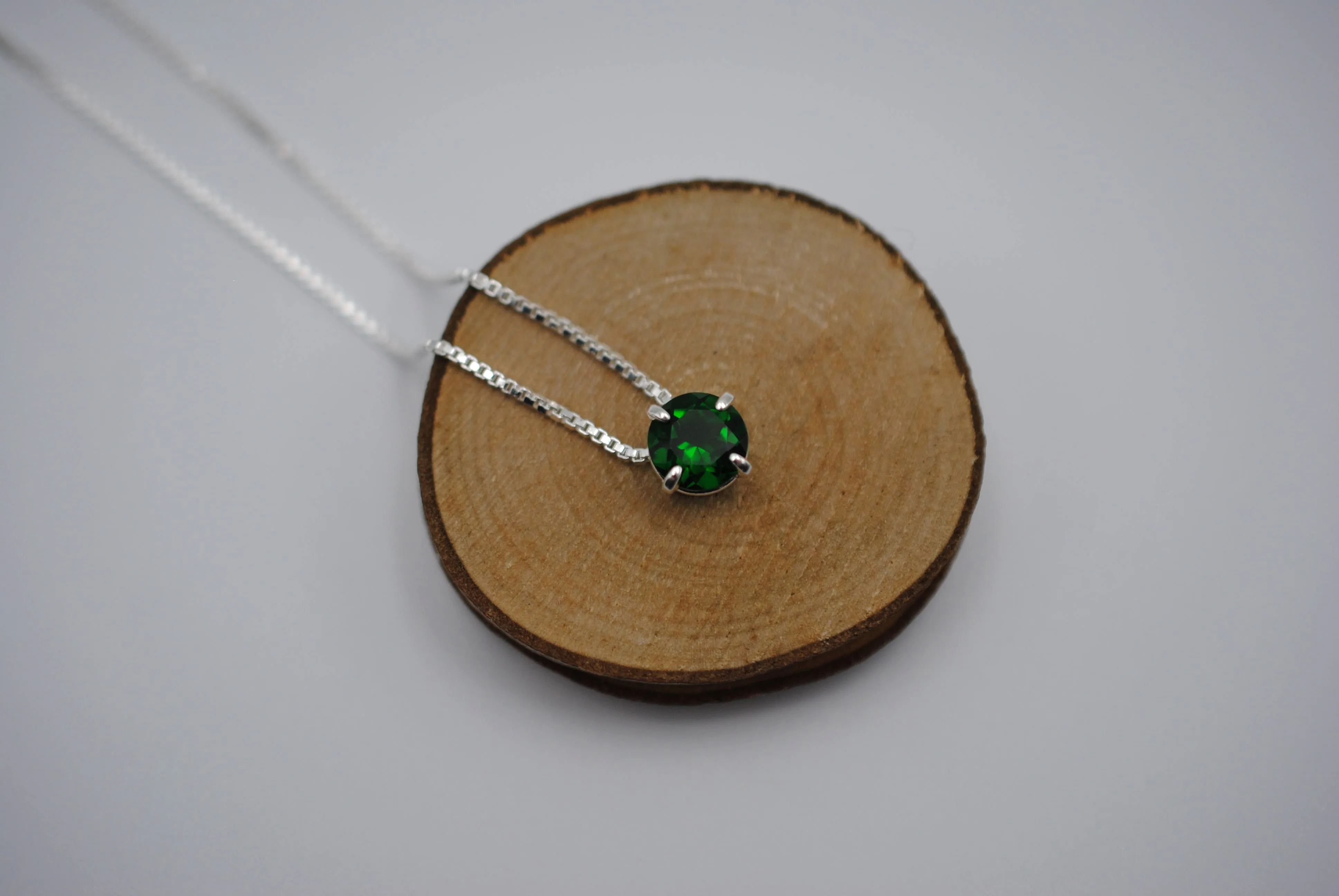 Birthstone Necklace: Round Emerald, Silver Prong Setting, Adjustable Chain