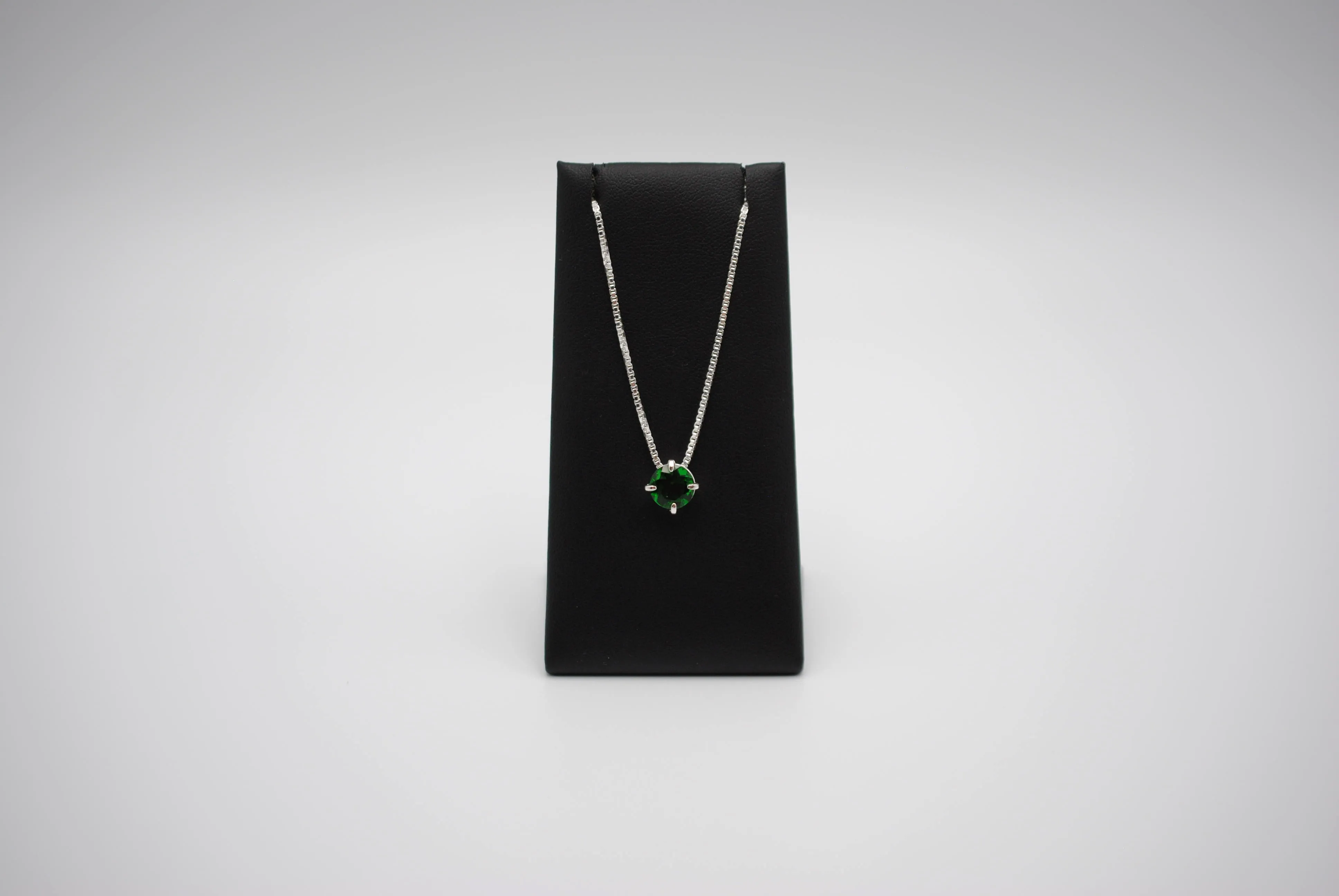 Birthstone Necklace: Round Emerald, Silver Prong Setting, Adjustable Chain