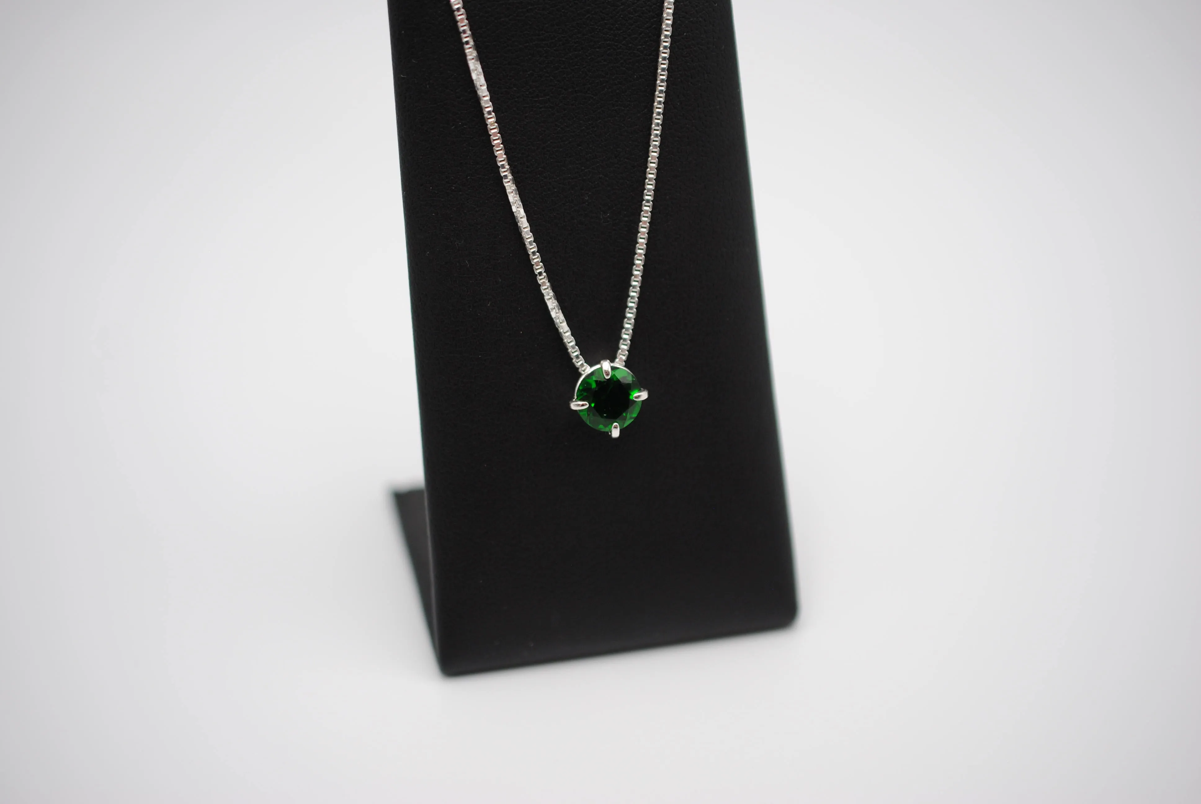 Birthstone Necklace: Round Emerald, Silver Prong Setting, Adjustable Chain