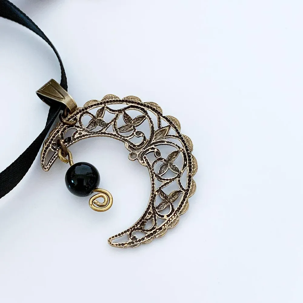 Brass Filigree Moon Ribbon Choker Necklace