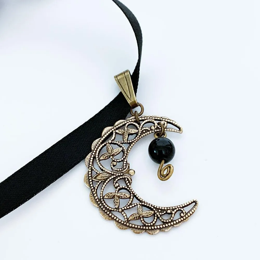 Brass Filigree Moon Ribbon Choker Necklace