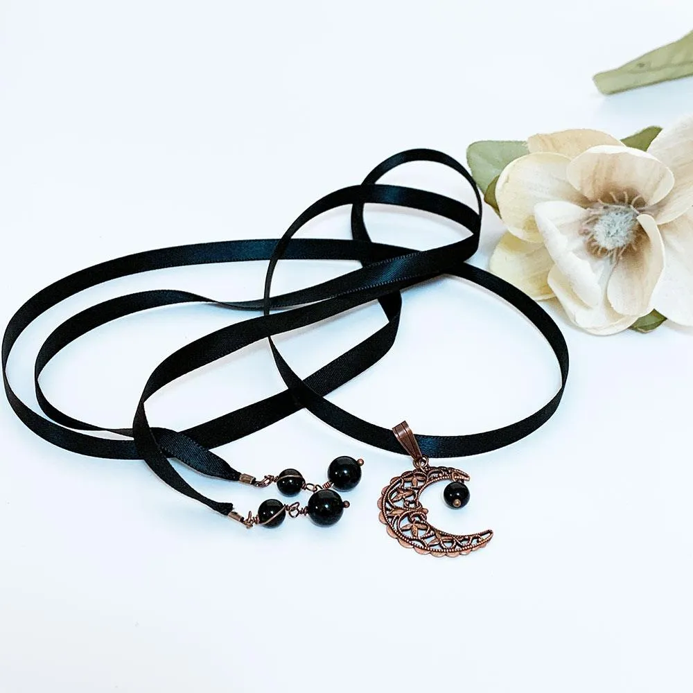 Copper Filigree Moon Black Ribbon Choker Necklace