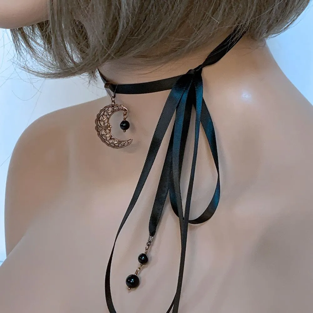 Copper Filigree Moon Black Ribbon Choker Necklace