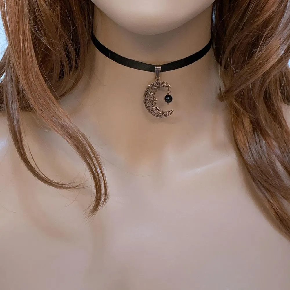 Copper Filigree Moon Black Ribbon Choker Necklace