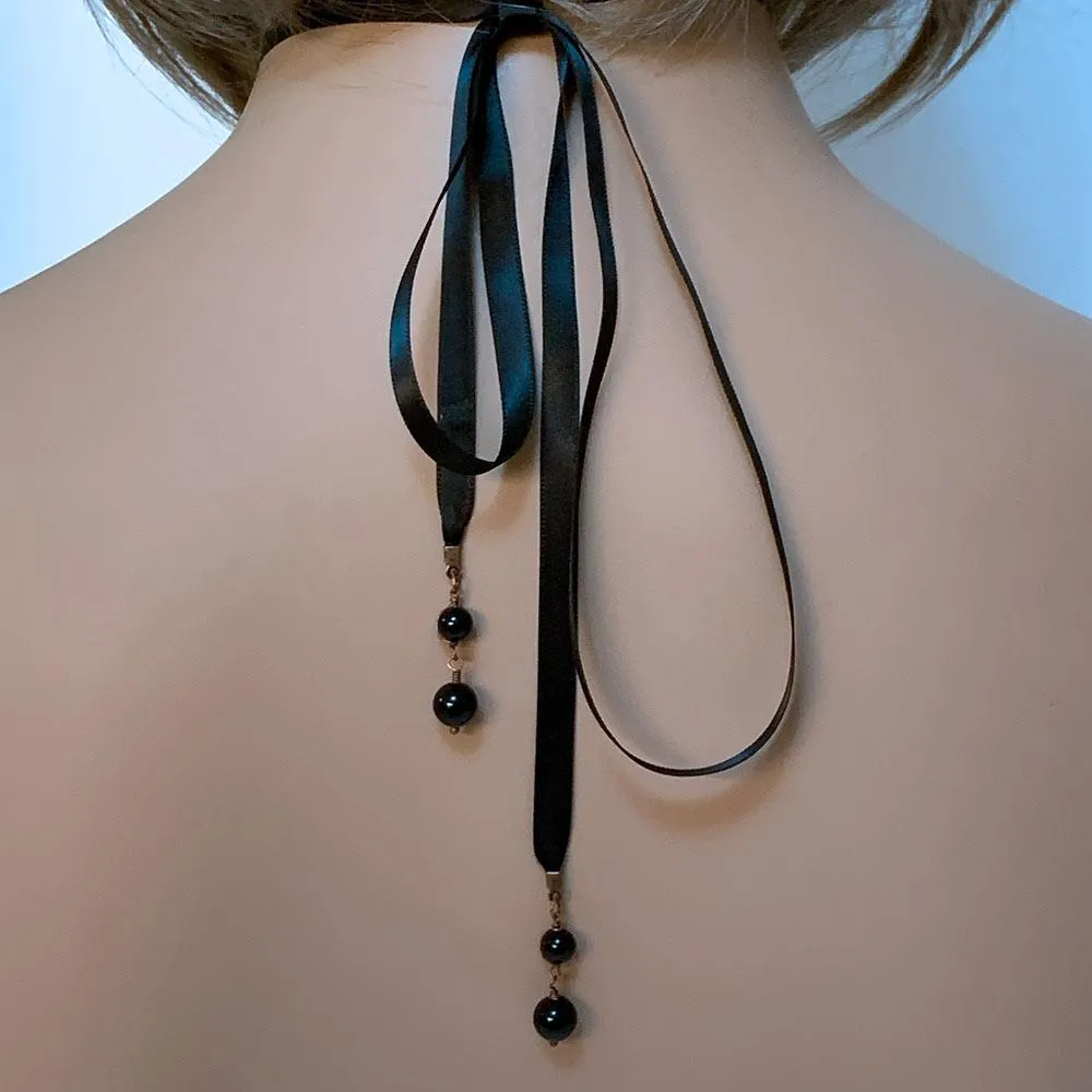 Copper Filigree Moon Black Ribbon Choker Necklace
