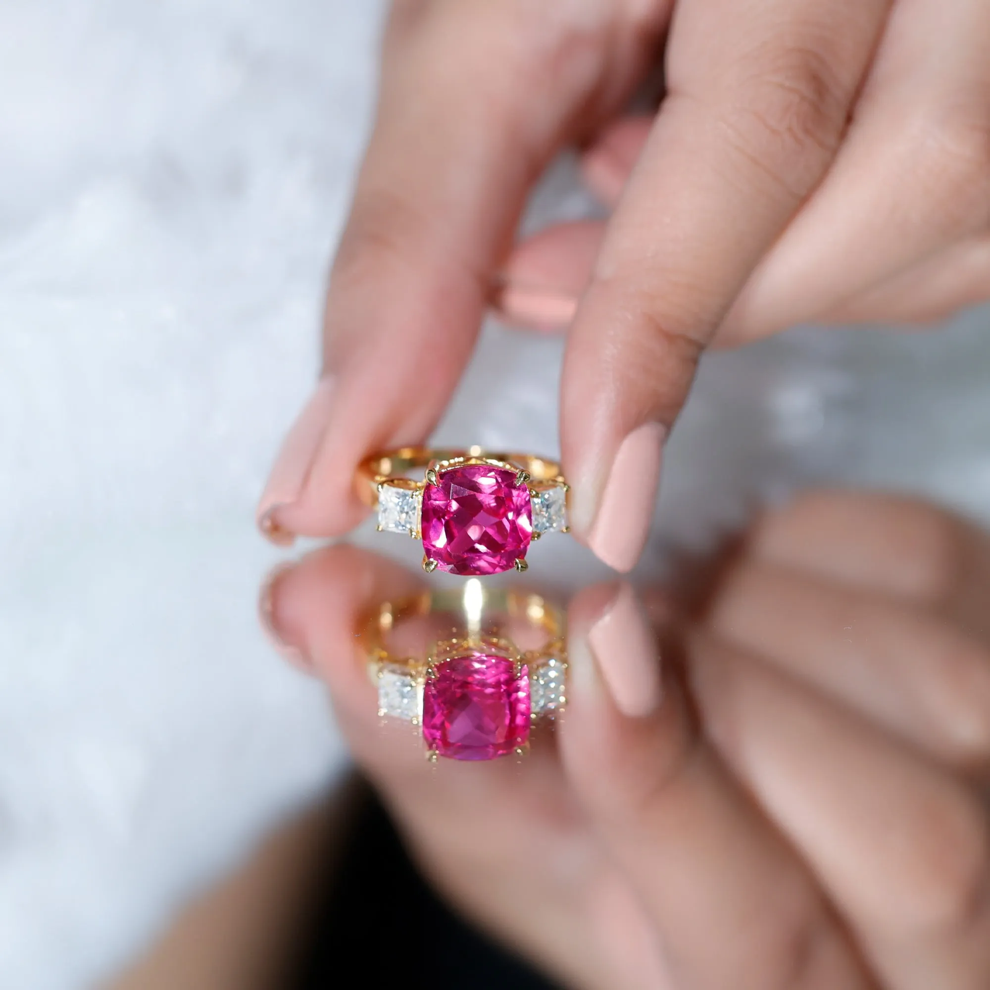 Created Pink Sapphire and Moissanite Engagement Ring