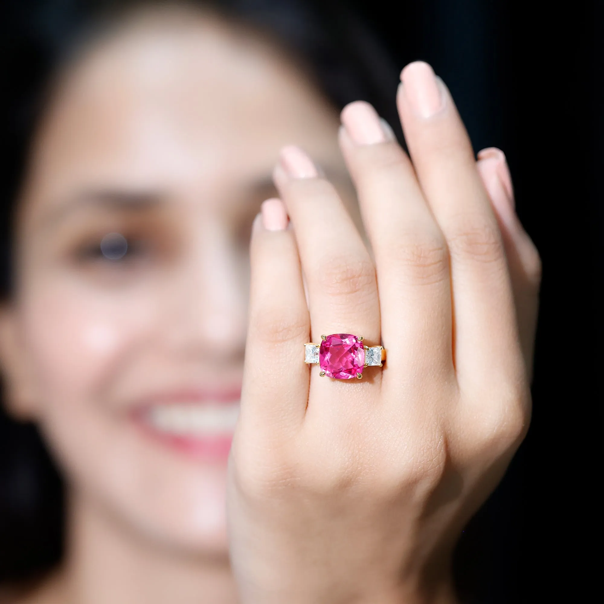 Created Pink Sapphire and Moissanite Engagement Ring