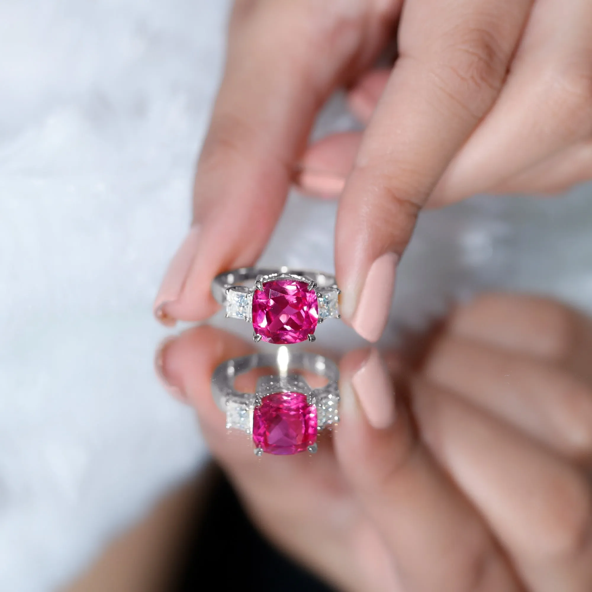 Created Pink Sapphire and Moissanite Engagement Ring