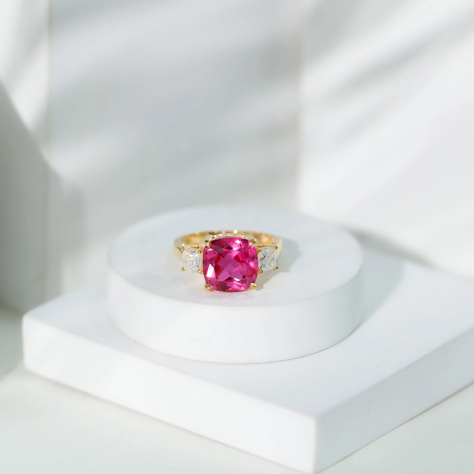 Created Pink Sapphire and Moissanite Engagement Ring