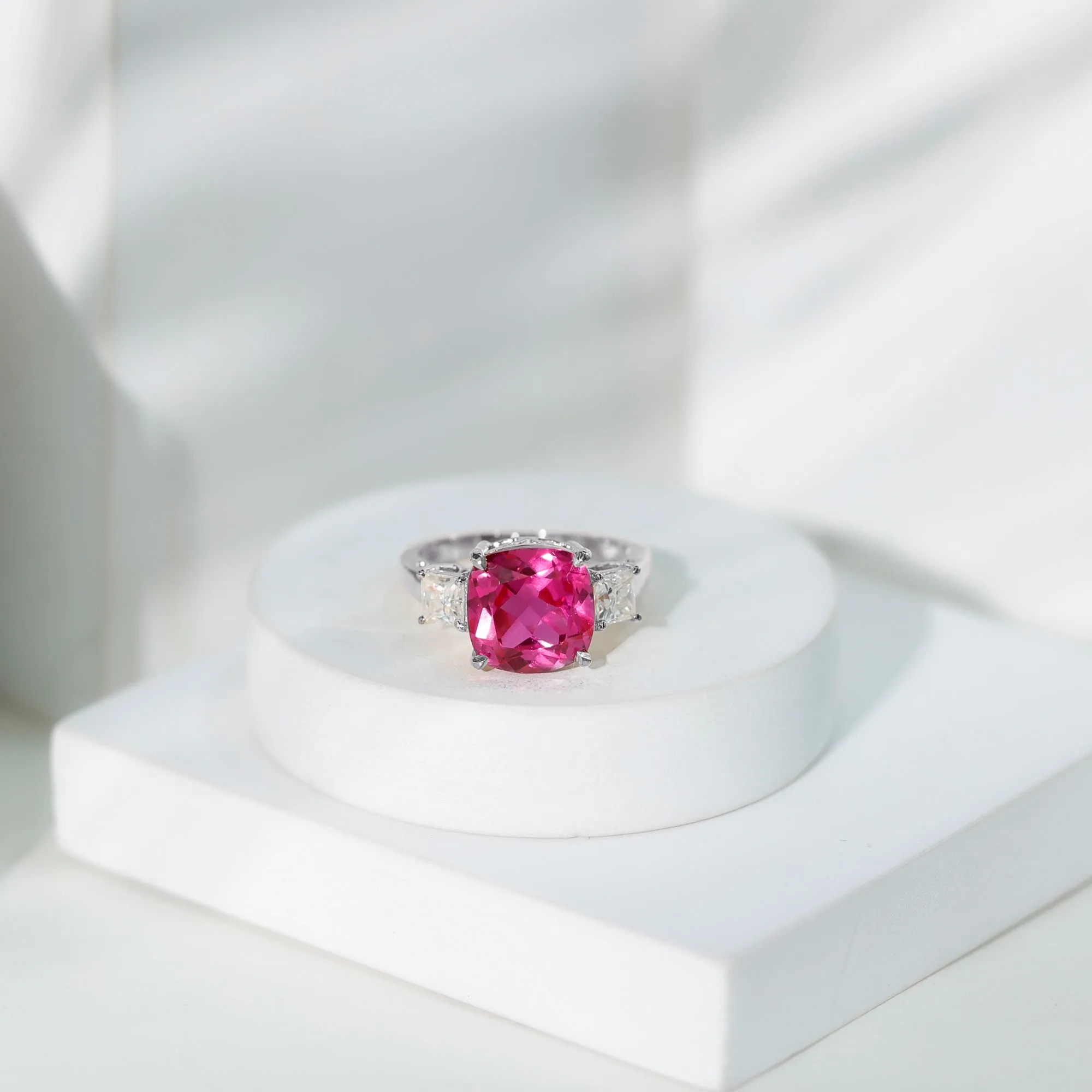 Created Pink Sapphire and Moissanite Engagement Ring