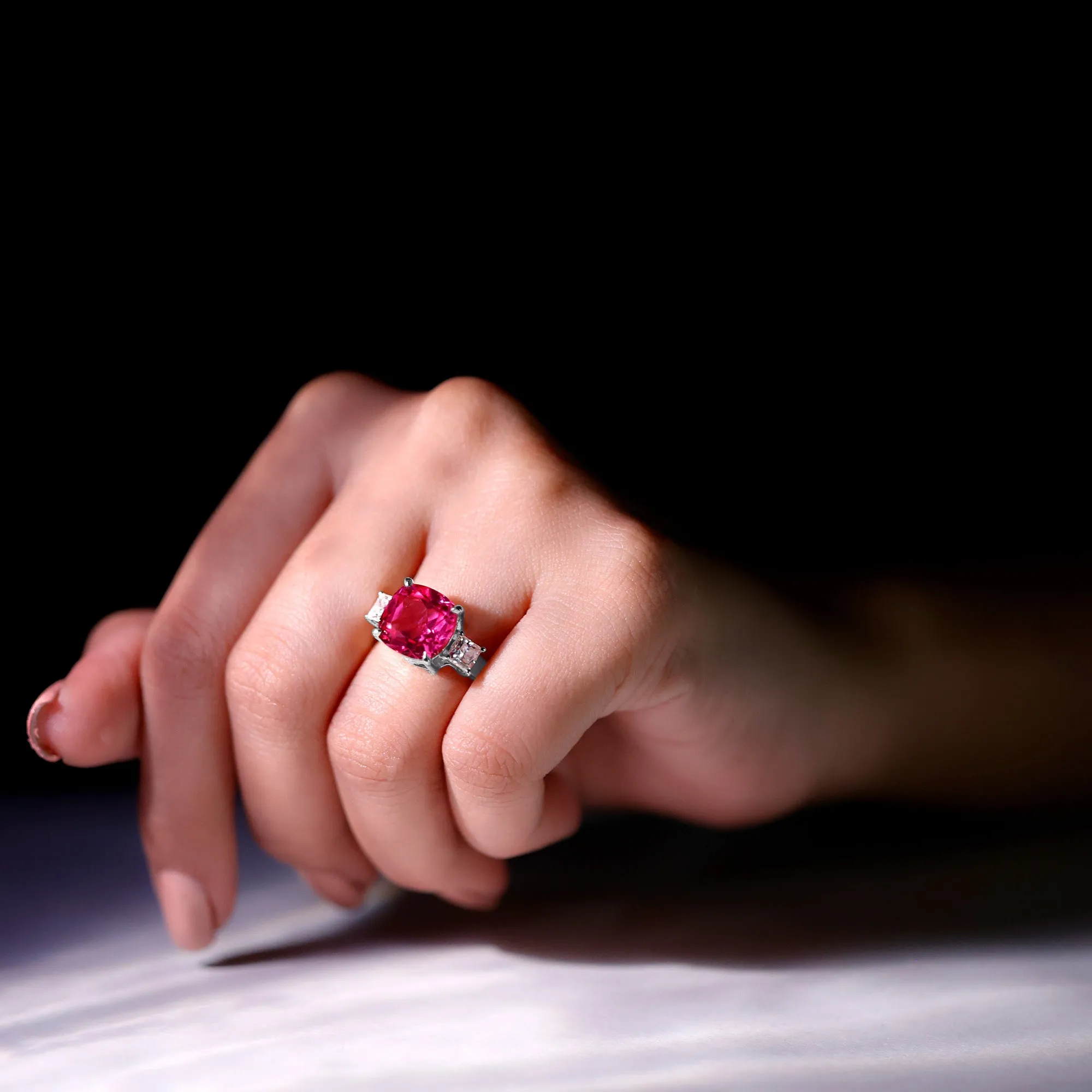 Created Pink Sapphire and Moissanite Engagement Ring