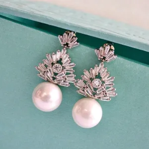Crystal Pearl Drop Bridal Earrings. CZ Pearl Wedding Earrings. Art Deco Zirconia Dangling Stud Earrings. Bridesmaid Earring. Wedding Jewelry