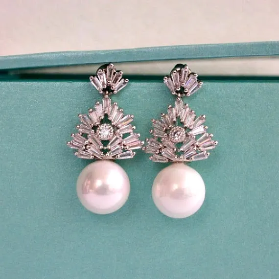Crystal Pearl Drop Bridal Earrings. CZ Pearl Wedding Earrings. Art Deco Zirconia Dangling Stud Earrings. Bridesmaid Earring. Wedding Jewelry