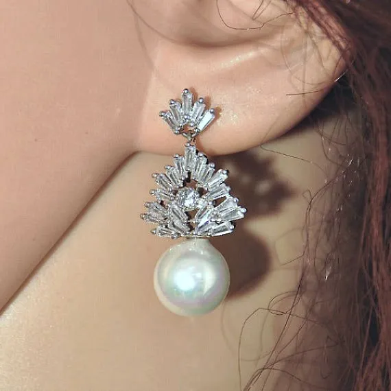 Crystal Pearl Drop Bridal Earrings. CZ Pearl Wedding Earrings. Art Deco Zirconia Dangling Stud Earrings. Bridesmaid Earring. Wedding Jewelry