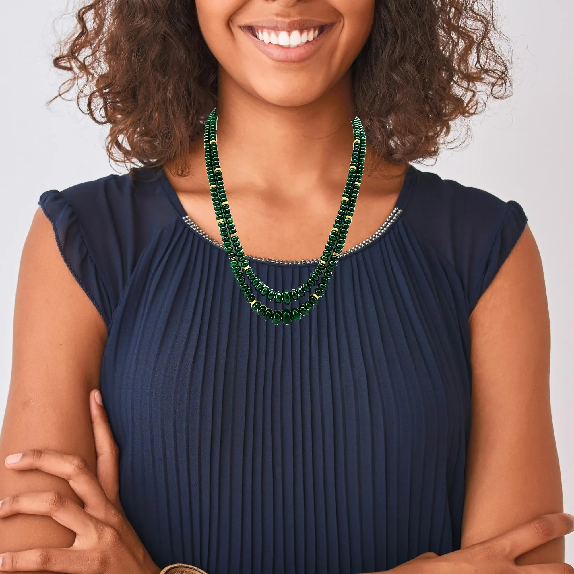 Double Strand of Emerald Disc Beads, Necklace with Yellow Gold Spacers