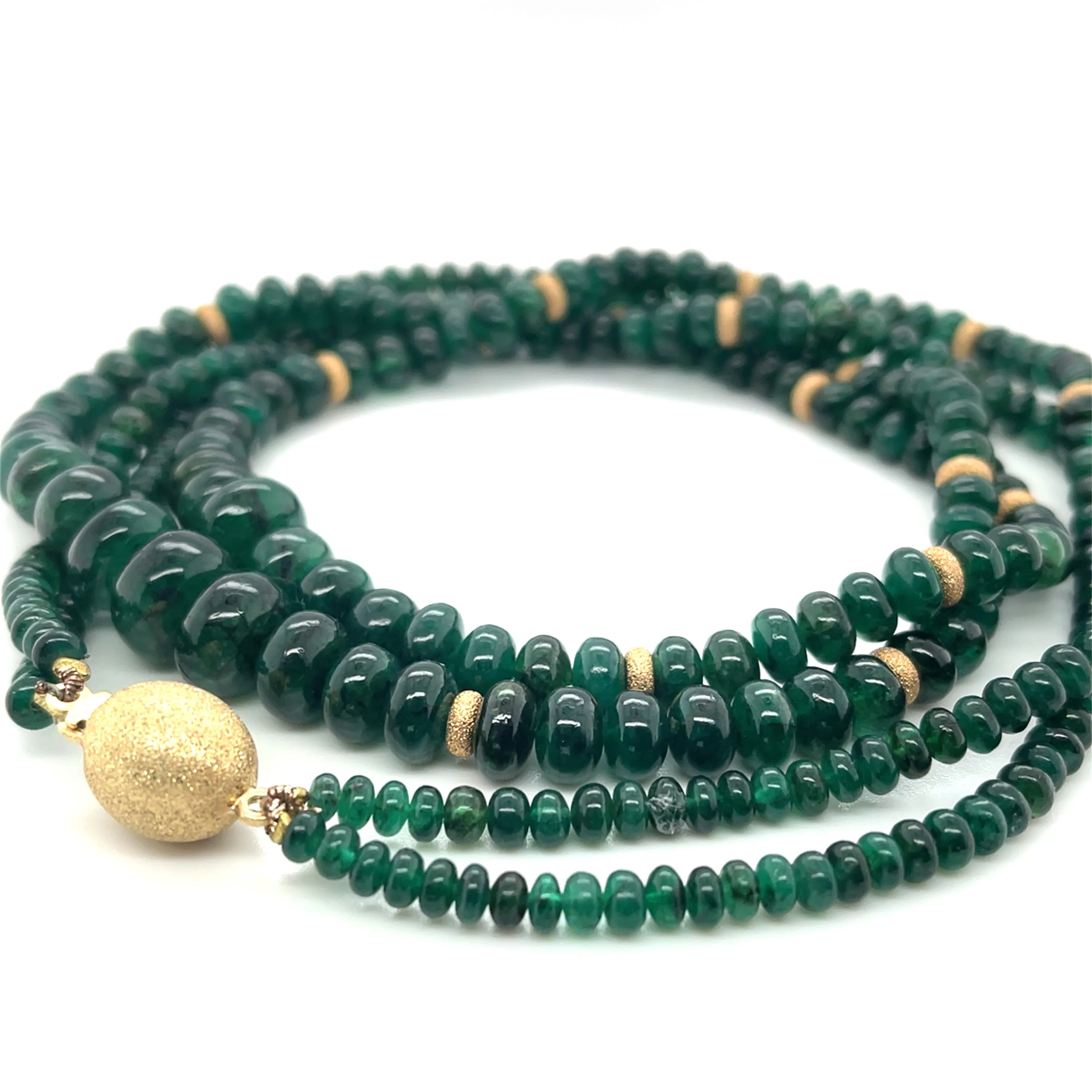 Double Strand of Emerald Disc Beads, Necklace with Yellow Gold Spacers
