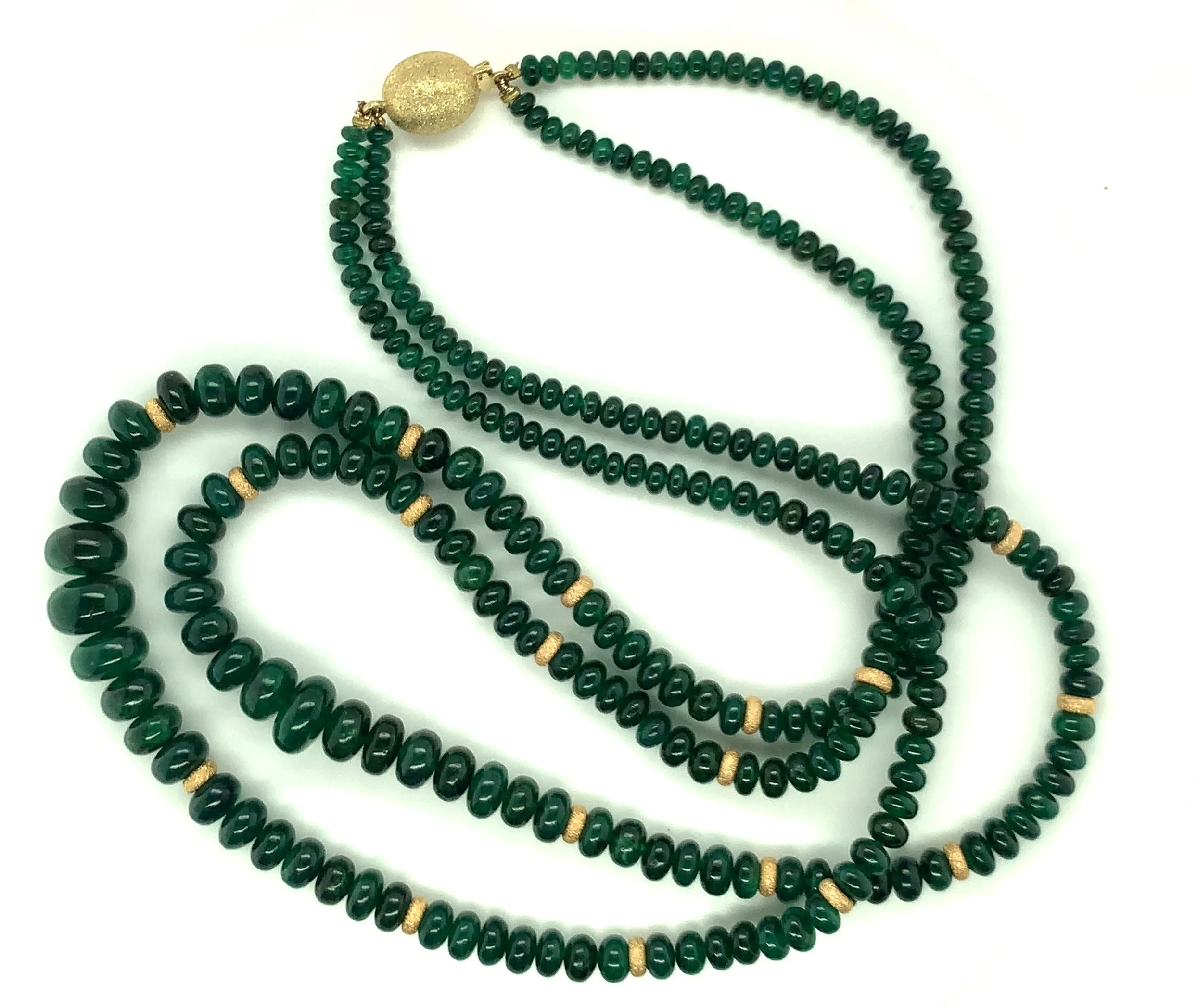 Double Strand of Emerald Disc Beads, Necklace with Yellow Gold Spacers