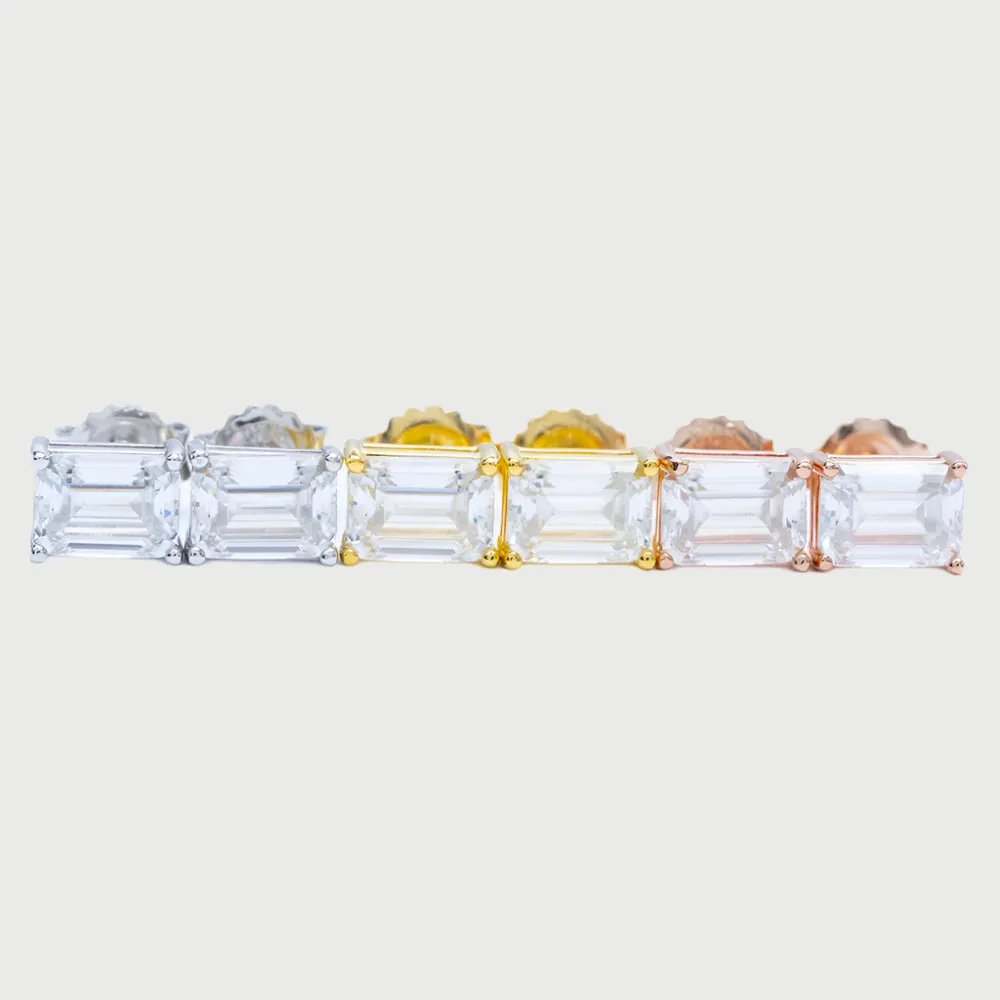 Emerald Cut Moissanite Diamond Sterling Silver Earrings in Yellow/White/Rose Gold